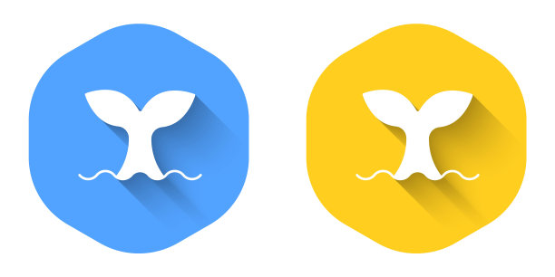 白鲸尾巴在海洋波浪图标孤立与长阴影背景。圆按钮。向量图片下载