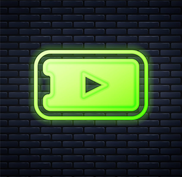 发光的霓虹灯在线播放视频图标隔离在砖墙背景。智能手机和带有游戏标志的电影带。向量图片下载