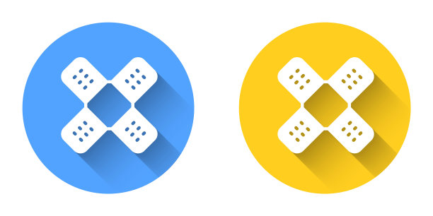 白色十字绷带石膏图标与长阴影背景隔离。医用石膏，胶布绷带，柔韧织物绷带。圆按钮。向量图片下载