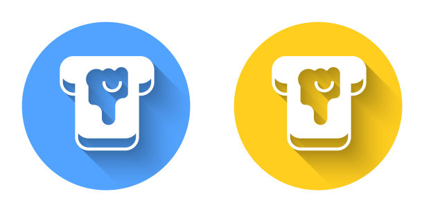 白色的面包片与蜂蜜图标隔离与长阴影背景。加果酱或蜂蜜的吐司。圆按钮。向量图片下载