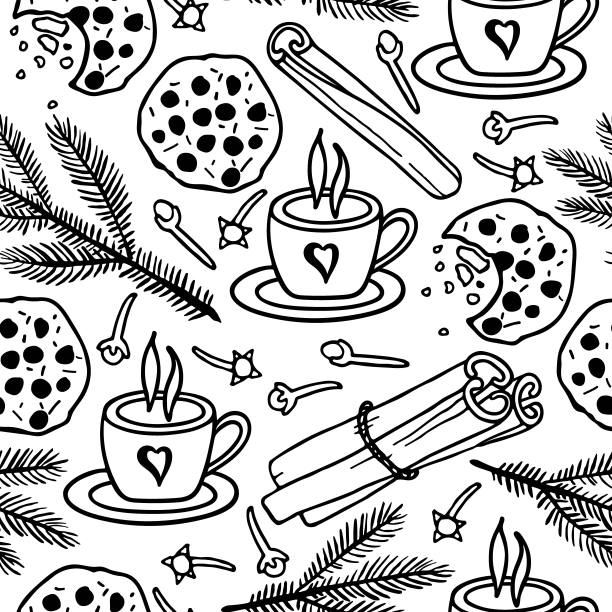 无缝模式与冬季假期涂鸦。舒适的冬天，热饮和蛋糕，香料和圣诞树树枝。为纺织品，墙纸，包装纸的黑色白色素描向量季节背景图片下载