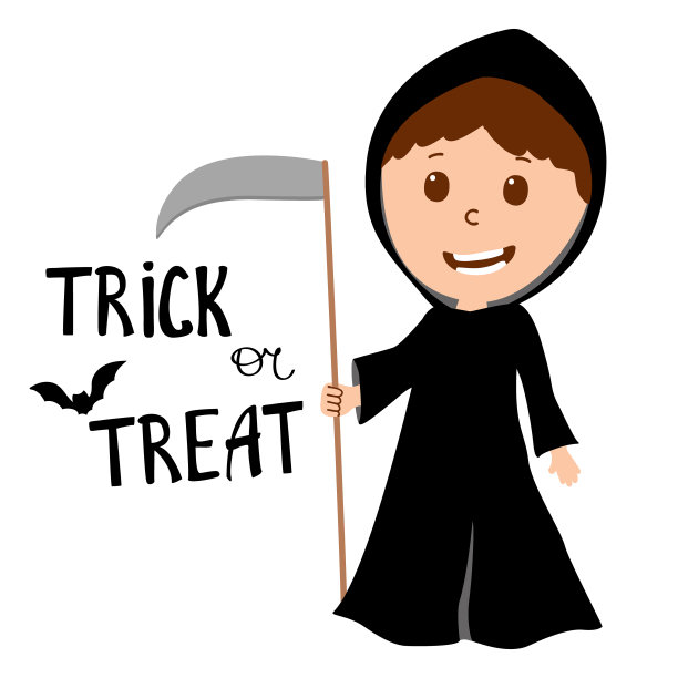 男孩穿着死神的衣服，手里拿着大镰刀。万圣节服装。用手势“不给糖就捣蛋”。向量图片下载