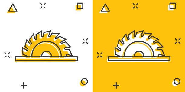 锯片图标在漫画风格。圆形机器卡通矢量插图在白色孤立的背景。转盘防溅效果经营理念。图片下载