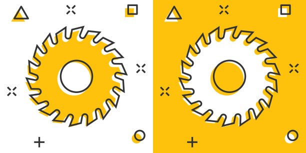 锯片图标在漫画风格。圆形机器卡通矢量插图在白色孤立的背景。转盘防溅效果经营理念。图片下载
