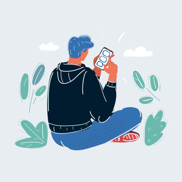 矢量插图男子坐与智能手机在白色背景。后面的观点。图片下载