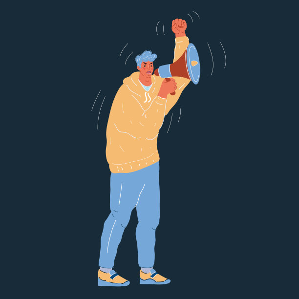 向量插图不满和愤怒的男子拿着扬声器和哭泣。人物在黑暗的背景。图片下载