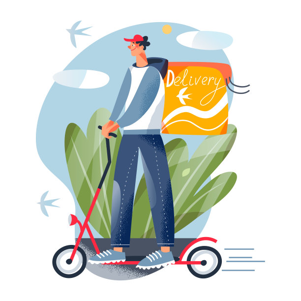 骑电动车的快递员，背包里装着盒子的男人图片下载