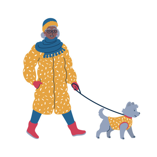 快乐的宠物主人在冬天遛狗。孤立的矢量图。图片下载