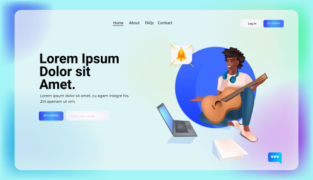 男子弹吉他和使用笔记本电脑社交网络聊天泡泡沟通概念图片下载