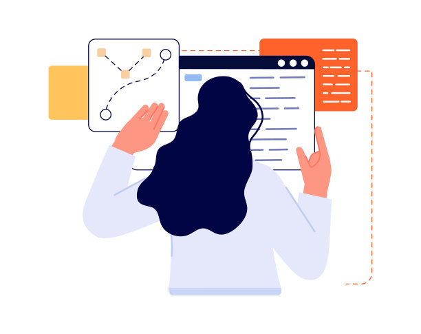 孤立的女人和抽象的图表。女孩编程网站，开发人员性格。企业向量的概念图片下载