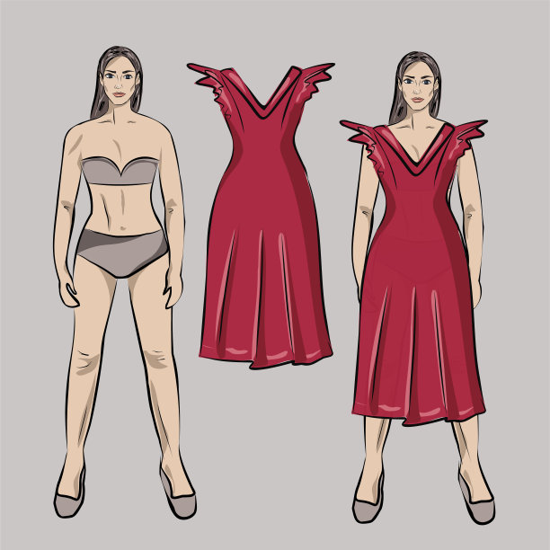 女孩，洋娃娃和一套衣服。优雅明亮的衣服。胶囊女性的基本衣橱。极简主义。时尚。大柜。孤立的矢量对象。图片下载