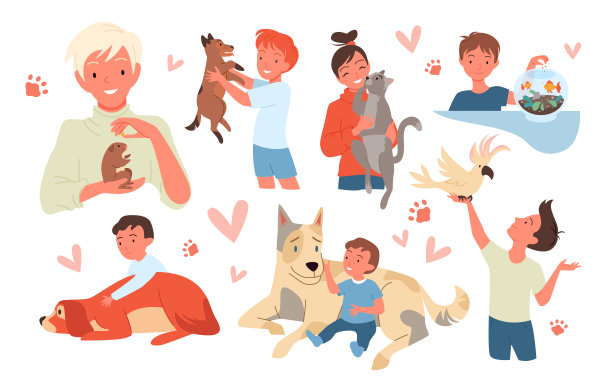 快乐的孩子喜欢宠物集合，微笑的孩子抱着，站着，坐着和猫狗朋友图片下载