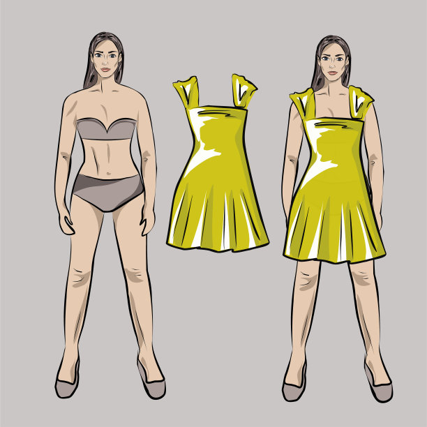 女孩，洋娃娃和一套衣服。优雅明亮的衣服。胶囊女性的基本衣橱。极简主义。时尚。大柜。孤立的矢量对象。图片下载