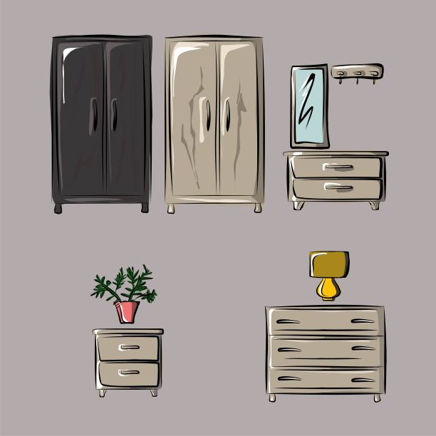 客厅、卧室、抽屉柜、储物柜、花盆里的花。空间组织、室内、舒适、家具。孤立的矢量对象。图片下载