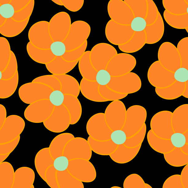 图案花朵。黑色背景。橙色大花朵。橙色。图片下载