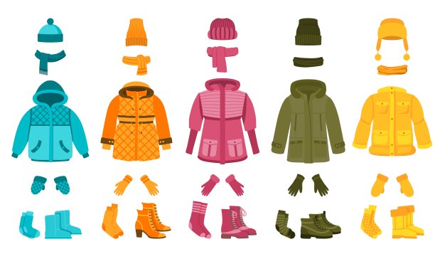 保暖的布料和配件。冬季服装，卡通女性季节性服装。外套和夹克，帽子和围巾。孤立时尚最近的向量集图片下载