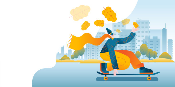 在城市的背景下，一个戴着鲜艳围巾的女孩飞快地骑着滑板。图片下载