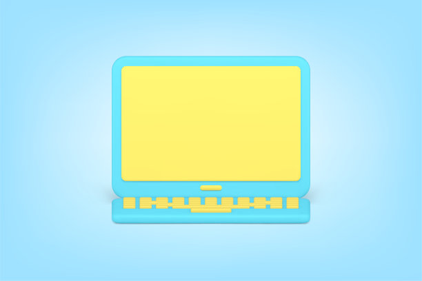 现代简约笔记本电脑3d图标。黄色屏幕和蓝色外壳的数字设备图片下载