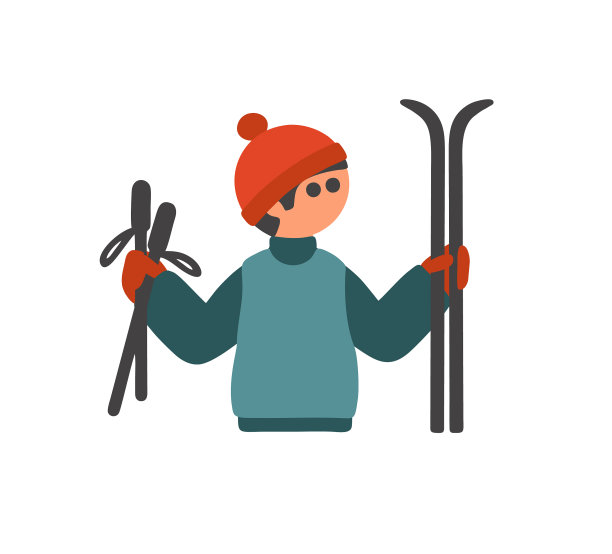 戴着红帽子的年轻人手里拿着滑雪板和滑雪杖图片下载