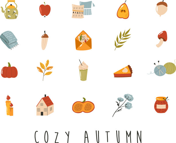 大套舒适的秋季图标在平的风格图片下载