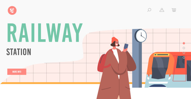 火车站登陆页面模板。乘客女孩在公共城市通勤隧道。地铁里的微笑女性图片下载