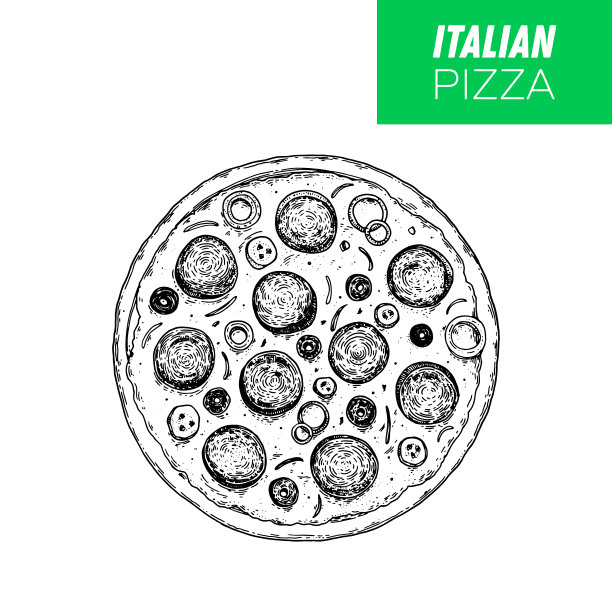 意大利披萨手绘矢量插图。比萨顶视图。包装设计模板。示意图说明。图片下载