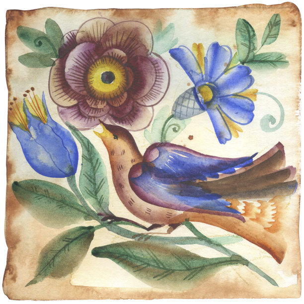 花枝上的极乐鸟。古老的俄罗斯民间风格水彩砖。适用于复活节卡片、瓷砖、咖啡馆装饰、拼贴图案、家居装饰、壁炉、厨房围裙等图片下载