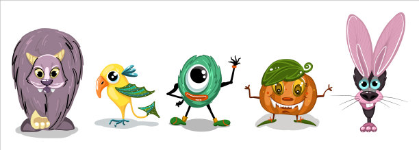 一组可爱的微笑的怪物毛茸茸的怪人图片下载