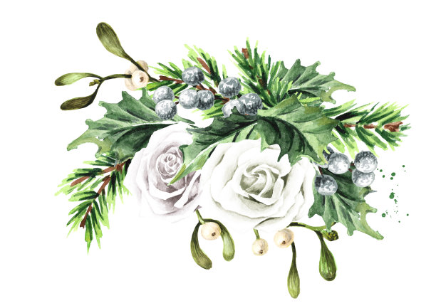 冬季婚礼花束。手绘水彩插图孤立在白色的背景图片下载