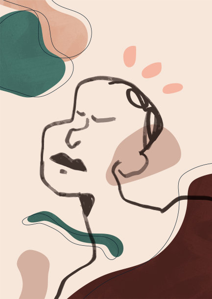 线条艺术肖像脸和形状元素在暖色。波西米亚风格的现代设计为艺术产品和海报。手绘插图。图片下载