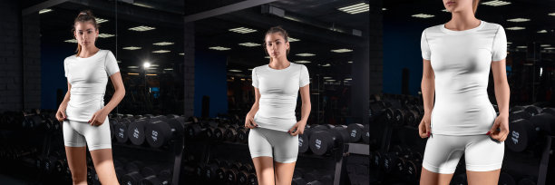 健身房里一个女孩穿着白色紧身衣的模型，t恤，短裤图片下载