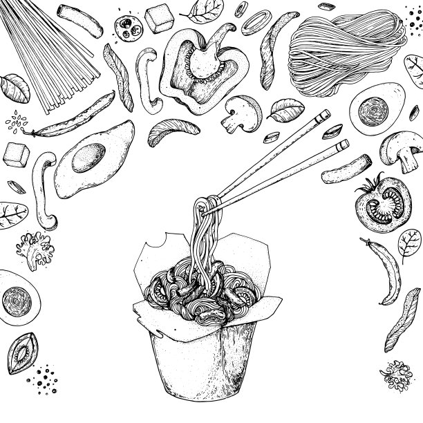 手绘矢量插图-锅盒草图，锅的成分。纸板箱里的面条。亚洲食品。图片下载