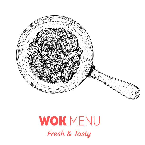 炒锅锅面俯视图草图。手绘矢量插图。亚洲食品。面条、肉、胡椒等配料。亚洲美食图片下载