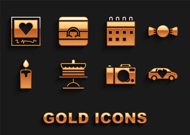 Set Cake on plate, Bow tie, Limousine car, Photo camera, Burning candle, Calendar, frames hearts and Wedding rings icon。向量图片下载