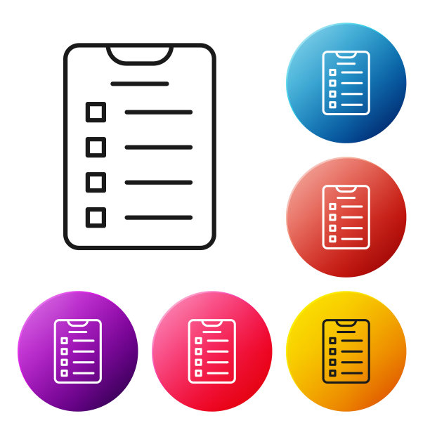 黑色线新年目标清单和计划图标孤立在白色背景上。圣诞快乐，恭贺新禧。设置图标彩色圆形按钮。向量图片下载