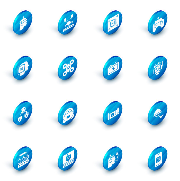 设置机器人机器人手臂在工厂，处理器与微电路CPU，遥控器，人形，人工智能，无人机，烧坏和电池图标。向量图片下载