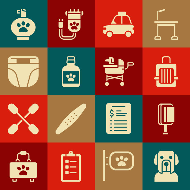 设置狗，毛刷的狗和猫，宠物手提箱，出租车，药瓶，尿布，洗发水和婴儿车图标。向量图片下载