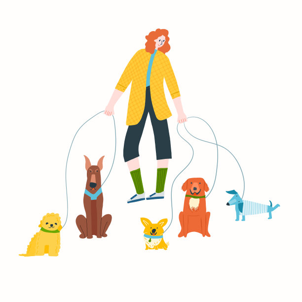 遛狗者志愿服务犬种矢量插图图片下载