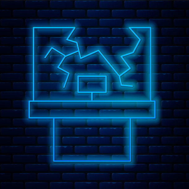 发光的霓虹灯线破碎的窗口图标孤立在砖墙背景。损坏的窗口。殴打窗玻璃的概念。破坏行为。向量图片下载