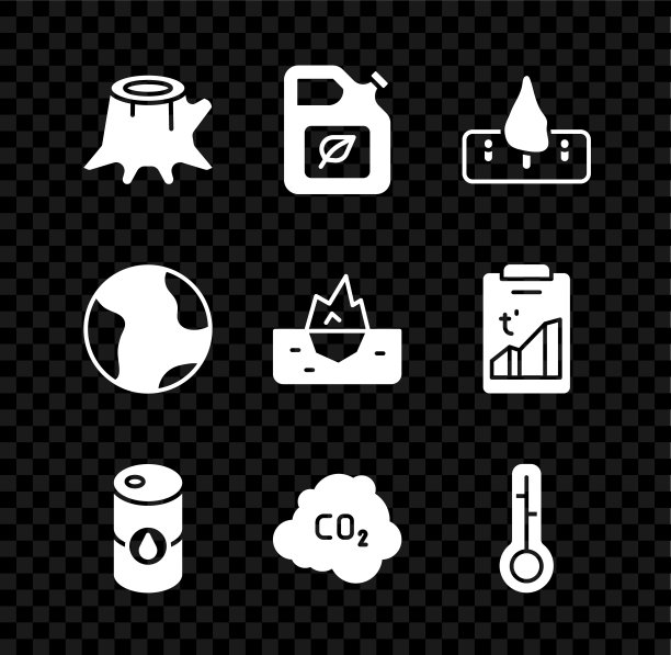 设置树桩，生物燃料罐，森林砍伐，桶石油，二氧化碳排放在云，气象温度计，地球和冰山图标。向量图片下载