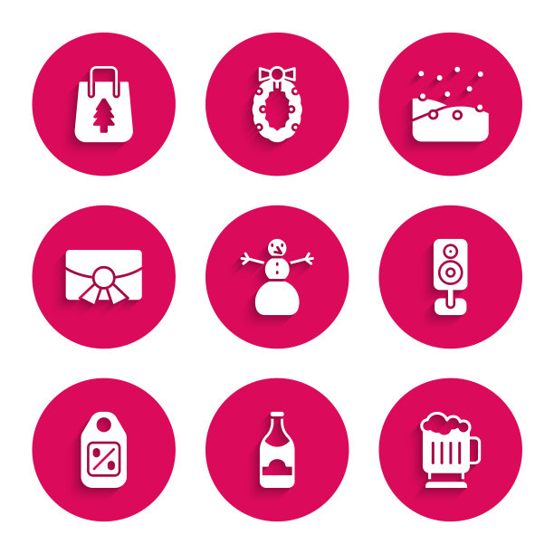 设置圣诞雪人，香槟瓶，木制啤酒杯，立体声扬声器，价格标签与销售，明信片，降雪和购物袋图标。向量图片下载