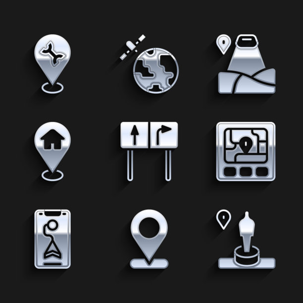 设置道路交通标志，位置，纪念碑，Gps设备与地图，城市导航，房子，山和汽车服务图标。向量图片下载