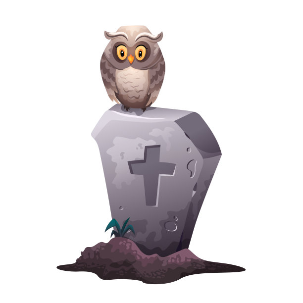 有墓碑和猫头鹰的万圣节图标。安息吧，墓地上的十字架上坐着一只猫头鹰。图片下载