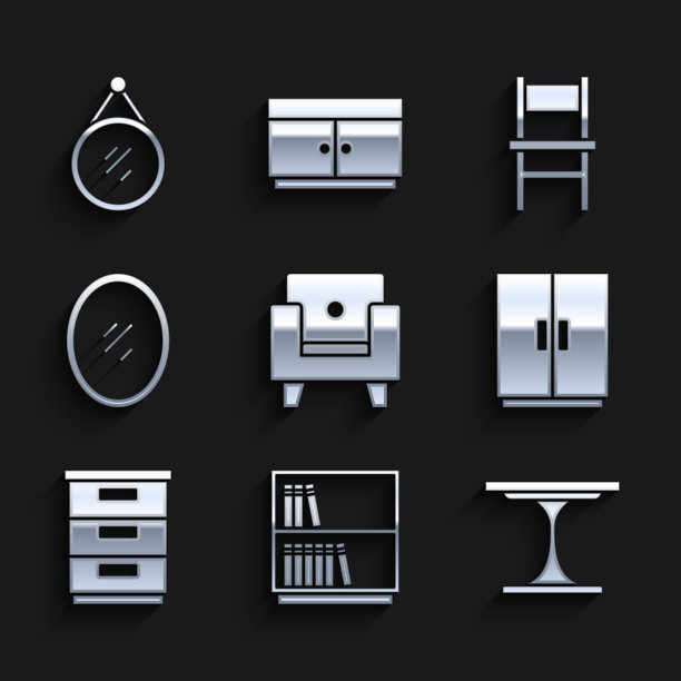 集合扶手椅，图书馆书架，圆桌，衣柜，家具床头柜，镜子，椅子和图标。向量图片下载