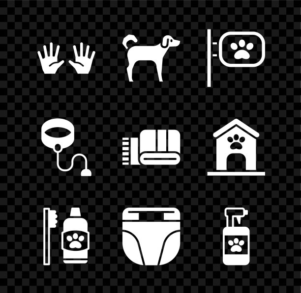 Set Medical rubber gloves, Dog, Pet grooming, Dental hygiene for pets，尿布狗，shampoo, retraceable cord leash and Towel stack图标。向量图片下载