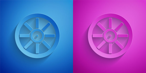 剪纸旧木轮图标孤立在蓝色和紫色的背景。纸艺术风格。向量图片下载