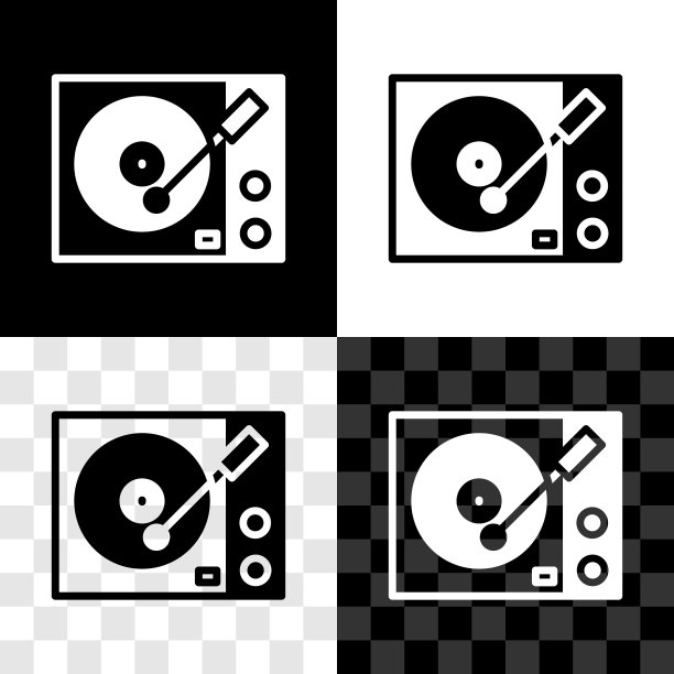 设置黑胶播放器与黑胶唱片图标隔离在黑色和白色，透明的背景。向量图片下载