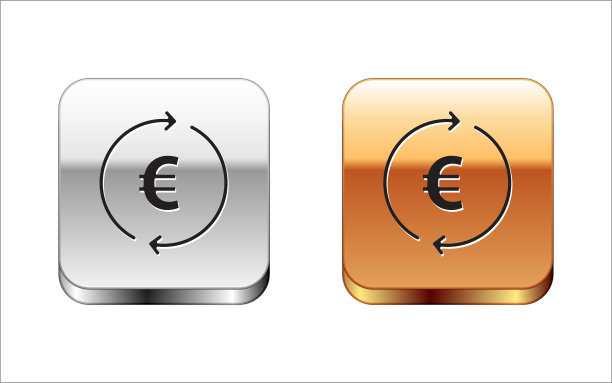 黑色钱币与欧元符号图标隔离在白色背景上。银行货币符号。现金的象征。金银平方按钮。向量图片下载
