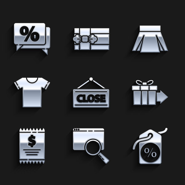 设置挂牌关闭，搜索浏览器窗口，折扣百分比标签，礼盒，纸支票和财务支票，t恤，裙子和图标。向量图片下载