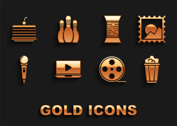 设置在线播放视频，图片景观，爆米花纸箱，电影卷轴，麦克风，缝纫线卷轴，蛋糕和保龄球瓶图标。向量图片下载